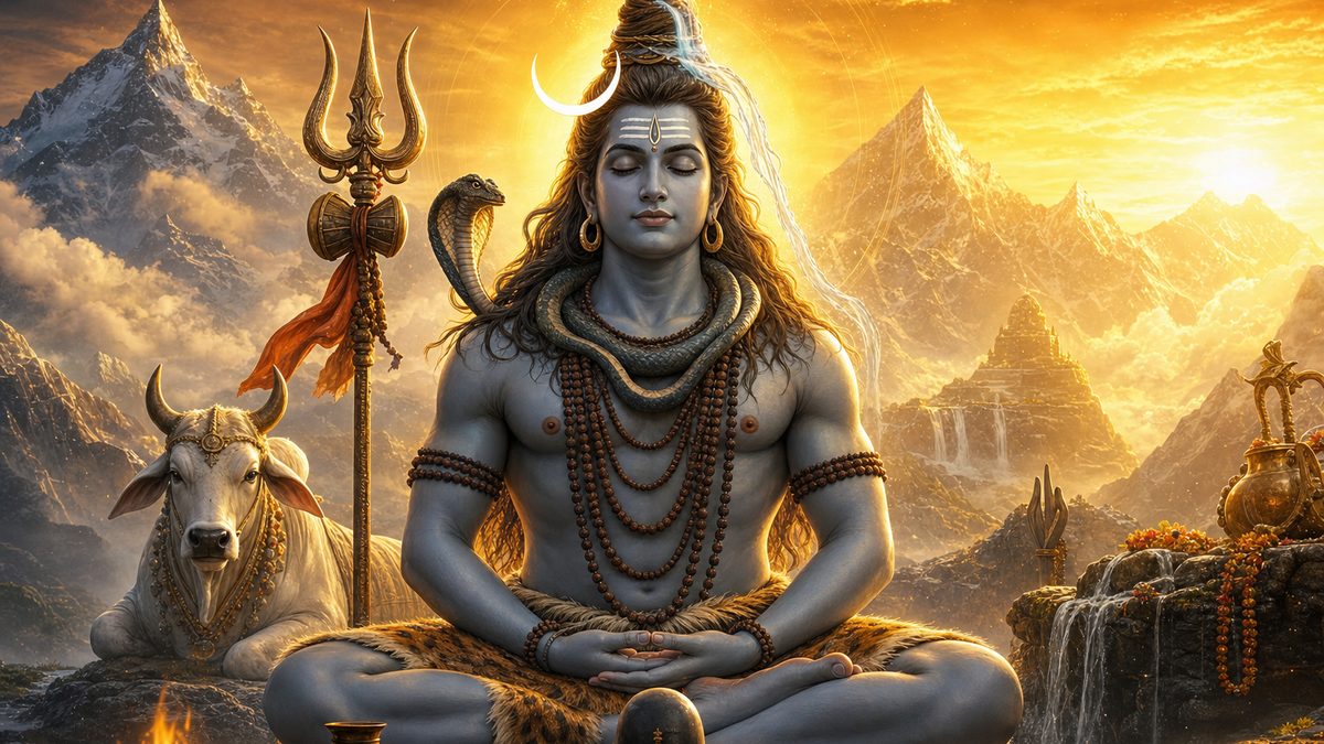 Shri Rudram (Namakam) banner — devotional illustration of Lord Shiva in deep meditation on a mountain, crescent moon and Ganga in his hair, trident and serpent.
