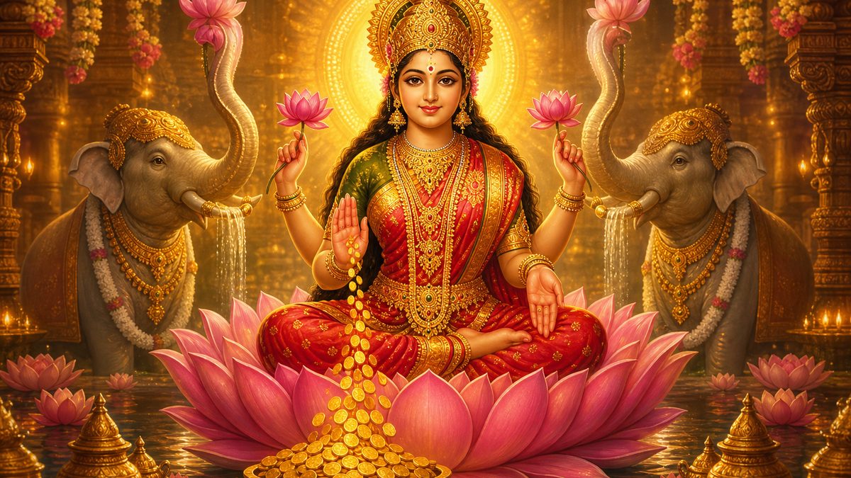 Shri Suktam banner — devotional illustration of the Goddess Lakshmi seated on a pink lotus, gold coins flowing from her hand, flanked by elephants.