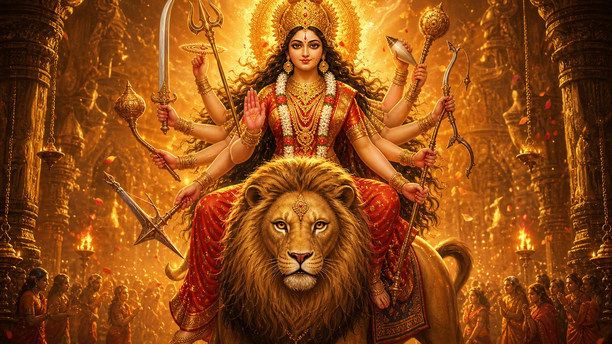 Siddhi Kunjika Stotram banner — devotional illustration of the Goddess Durga riding a lion, many arms bearing divine weapons, fierce yet compassionate.