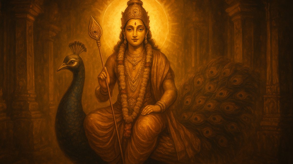Subrahmanya Ashtottara Shatanamavali banner — devotional illustration of Lord Subrahmanya (Kartikeya) riding a peacock, holding the divine spear (vel).