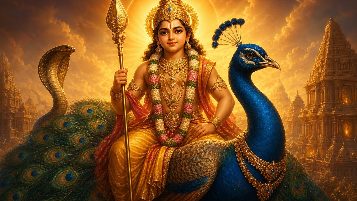 Subrahmanya Bhujangam banner — devotional illustration of Lord Subrahmanya (Kartikeya) riding a peacock, holding the divine spear (vel).
