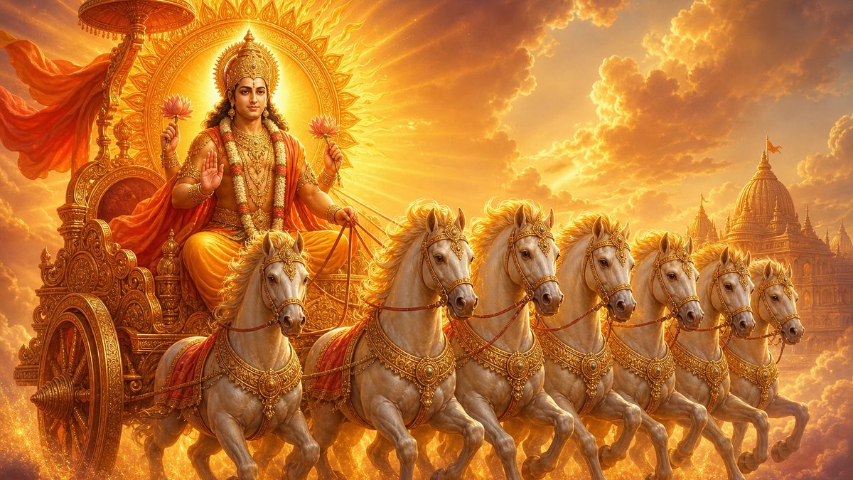 Surya Ashtakam banner — devotional illustration of the radiant Sun god Surya riding a golden chariot drawn by seven horses, a brilliant solar halo behind him.