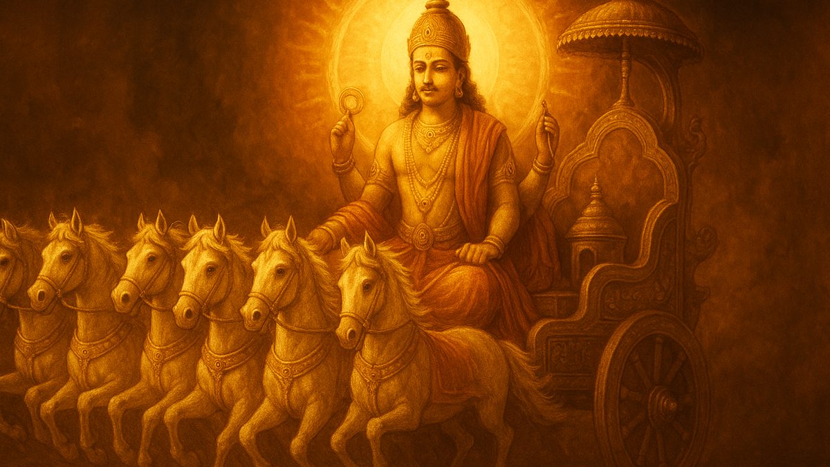Surya Ashtottara Shatanamavali banner — devotional illustration of the radiant Sun god Surya riding a golden chariot drawn by seven horses, a brilliant solar halo behind him.