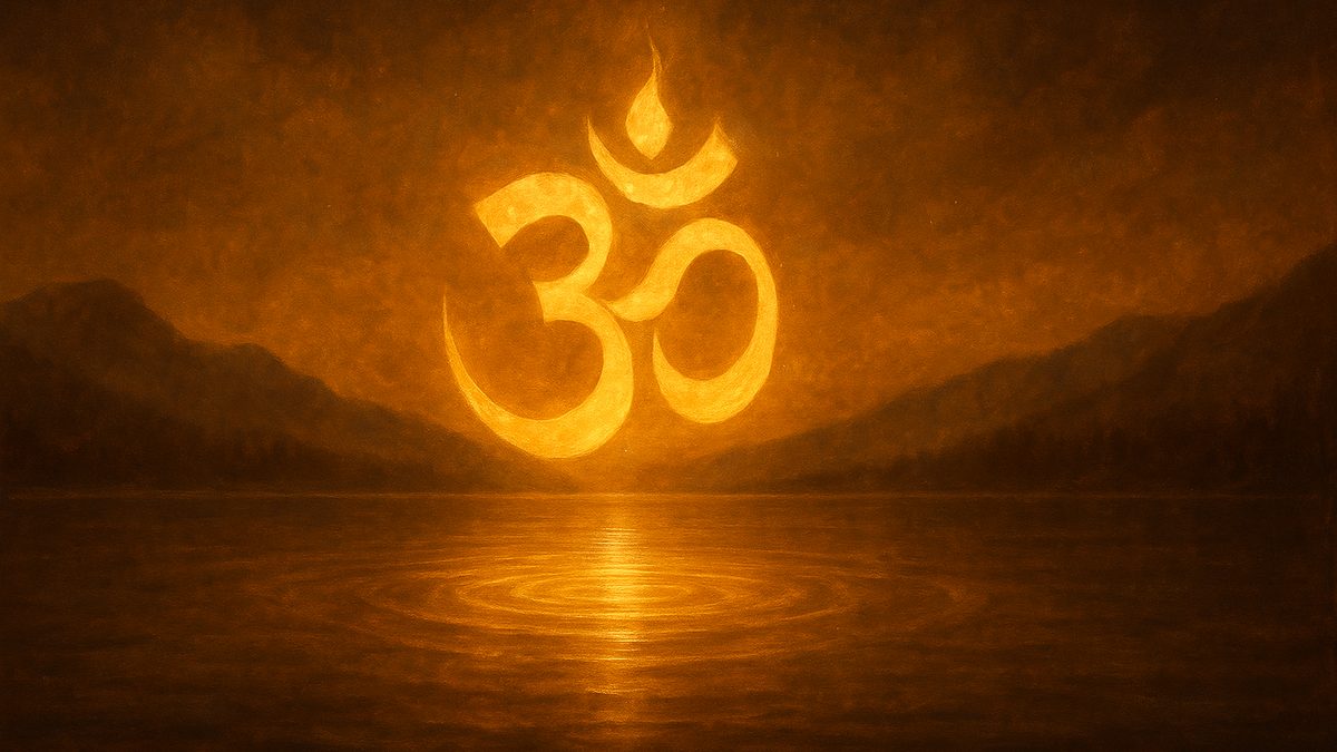 Taittiriya Upanishad — Bhrigu Valli banner — devotional illustration of the sacred syllable Om (ॐ) as a radiant golden form floating over a serene Himalayan lake at dawn, ripples of light, cosmic and utterly peaceful — abstract, no deity figure.