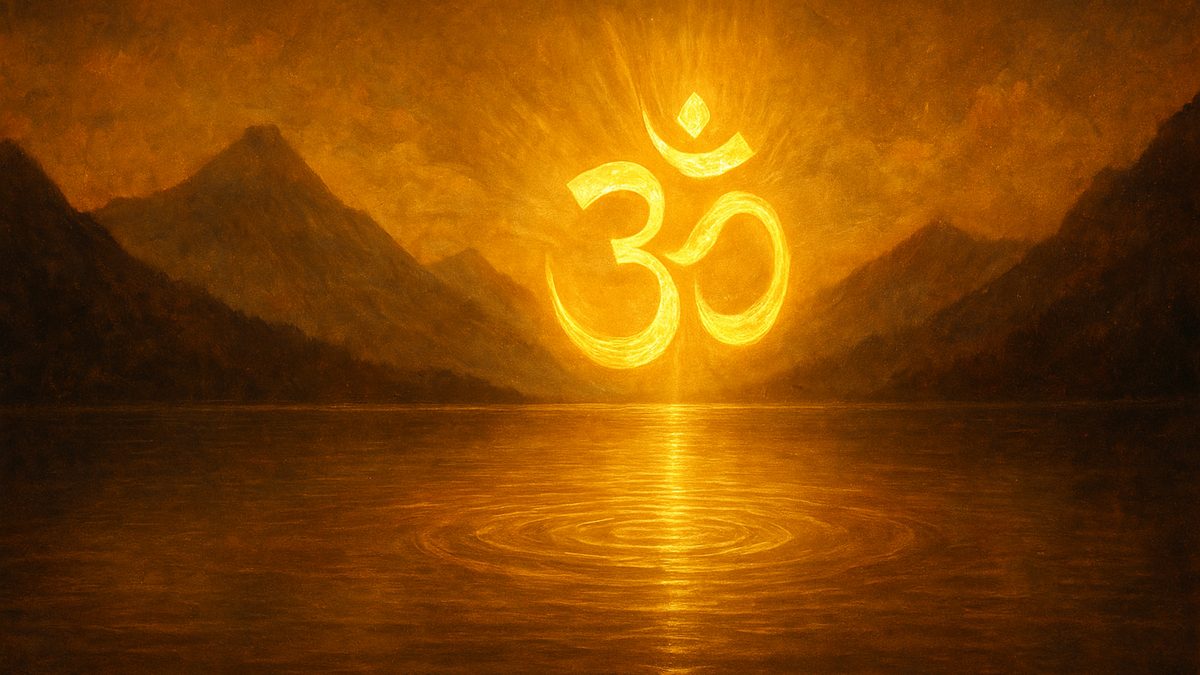 Taittiriya Upanishad — Brahmananda Valli banner — devotional illustration of the sacred syllable Om (ॐ) as a radiant golden form floating over a serene Himalayan lake at dawn, ripples of light, cosmic and utterly peaceful — abstract, no deity figure.