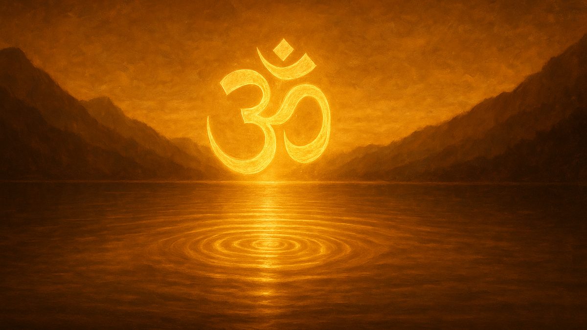 Taittiriya Upanishad — Shiksha Valli banner — devotional illustration of the sacred syllable Om (ॐ) as a radiant golden form floating over a serene Himalayan lake at dawn, ripples of light, cosmic and utterly peaceful — abstract, no deity figure.