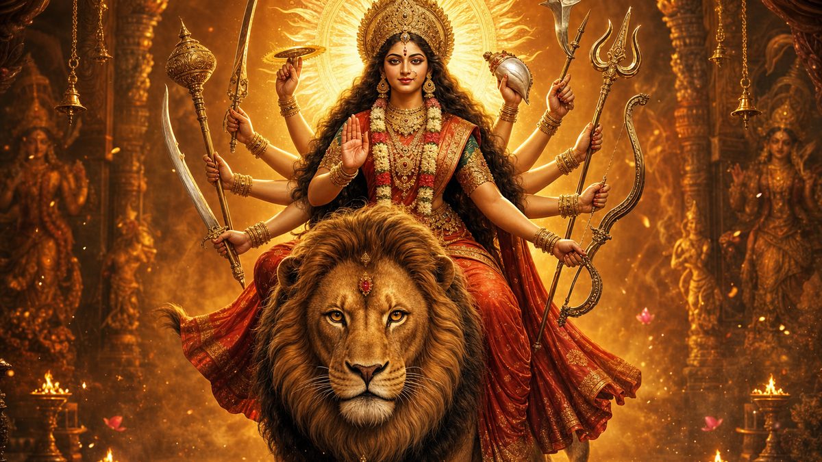 Devi Suktam (Tantrokta) banner — devotional illustration of the Goddess Durga riding a lion, many arms bearing divine weapons, fierce yet compassionate.