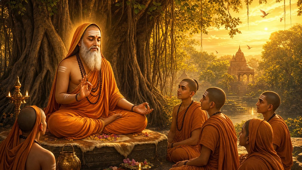 Totakashtakam banner — devotional illustration of a serene sadguru seated beneath a great banyan tree in padmasana, one hand in chinmudra, disciples listening in golden dawn light.