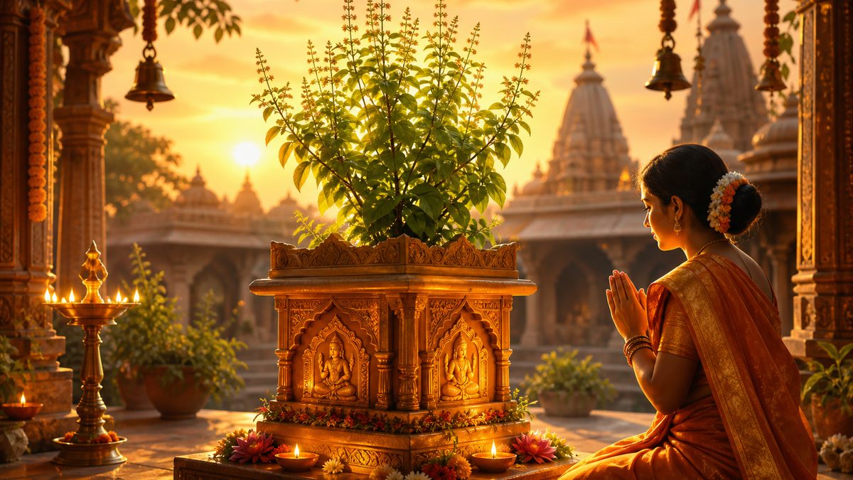 Tulasi Stotram banner — devotional illustration of the sacred Tulasi plant enshrined in an ornate brindavan planter at a temple courtyard at dawn, tender green holy basil leaves glowing with soft divine light, a small oil lamp and fresh flowers at its base.