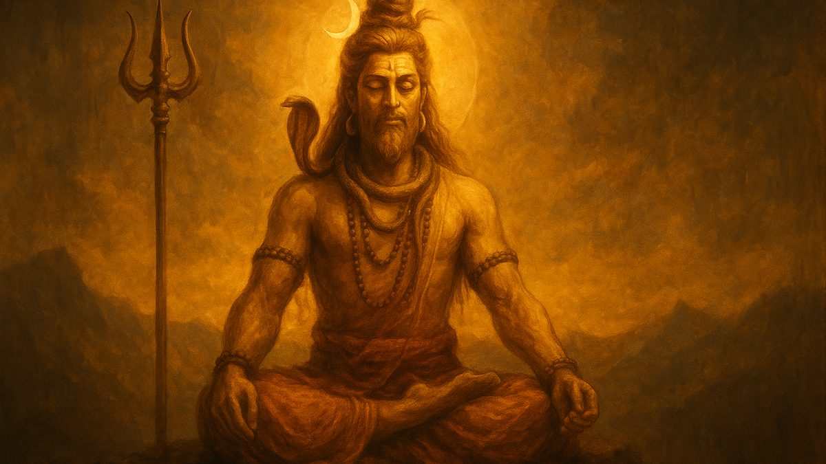 Uma Maheshwara Stotram banner — devotional illustration of Lord Shiva in deep meditation on a mountain, crescent moon and Ganga in his hair, trident and serpent.