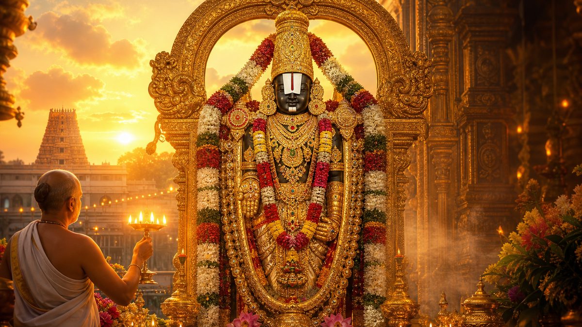 Venkatesha Suprabhatam banner — devotional illustration of Lord Venkateshwara of Tirupati standing majestic and ornate, adorned with gold and flowers.