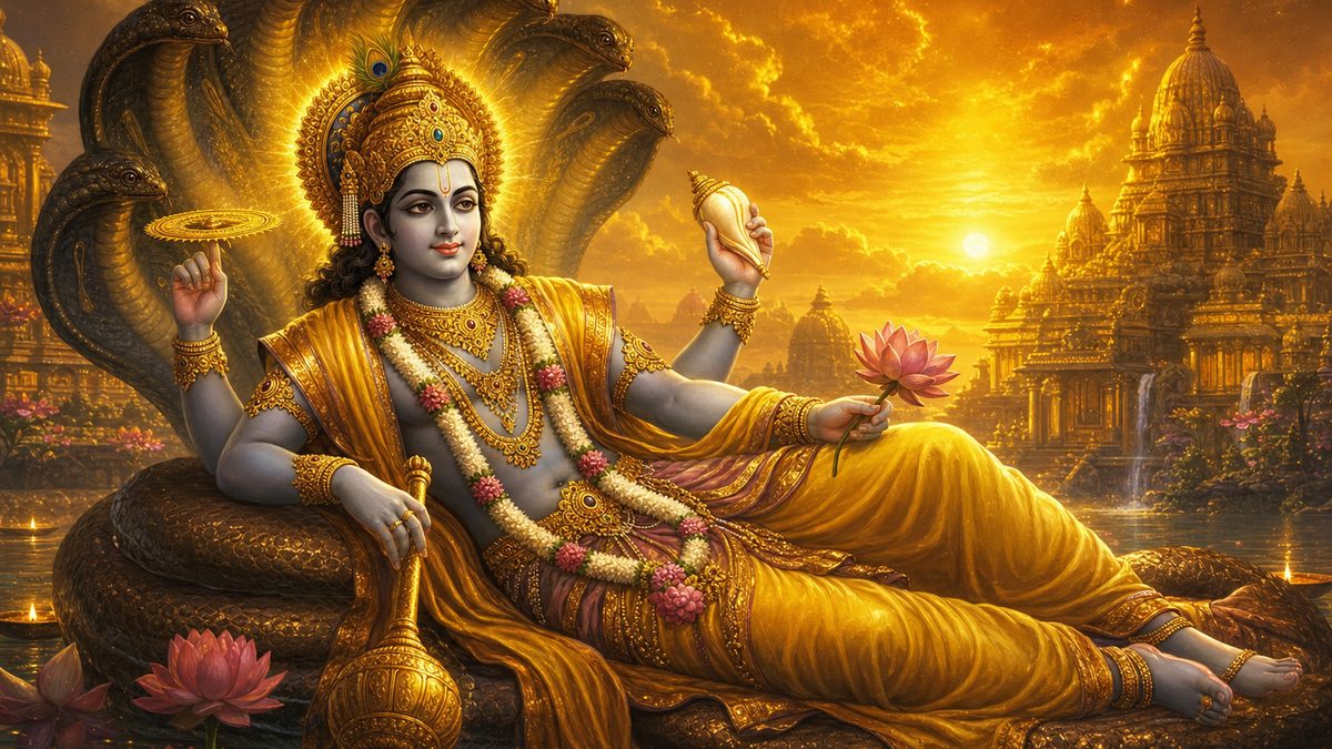 Vishnu Ashtottara Shatanamavali banner — devotional illustration of the four-armed Lord Vishnu holding conch, discus, mace and lotus, reclining calm and majestic.