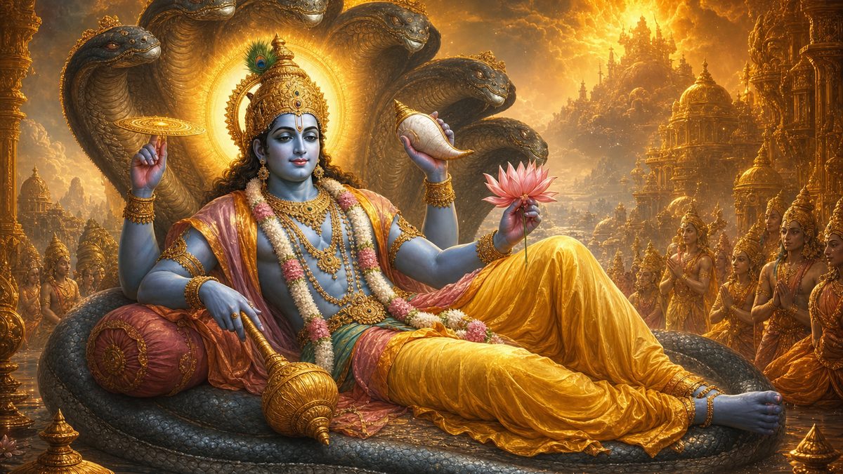 Vishnu Sahasranama banner — devotional illustration of the four-armed Lord Vishnu holding conch, discus, mace and lotus, reclining calm and majestic.