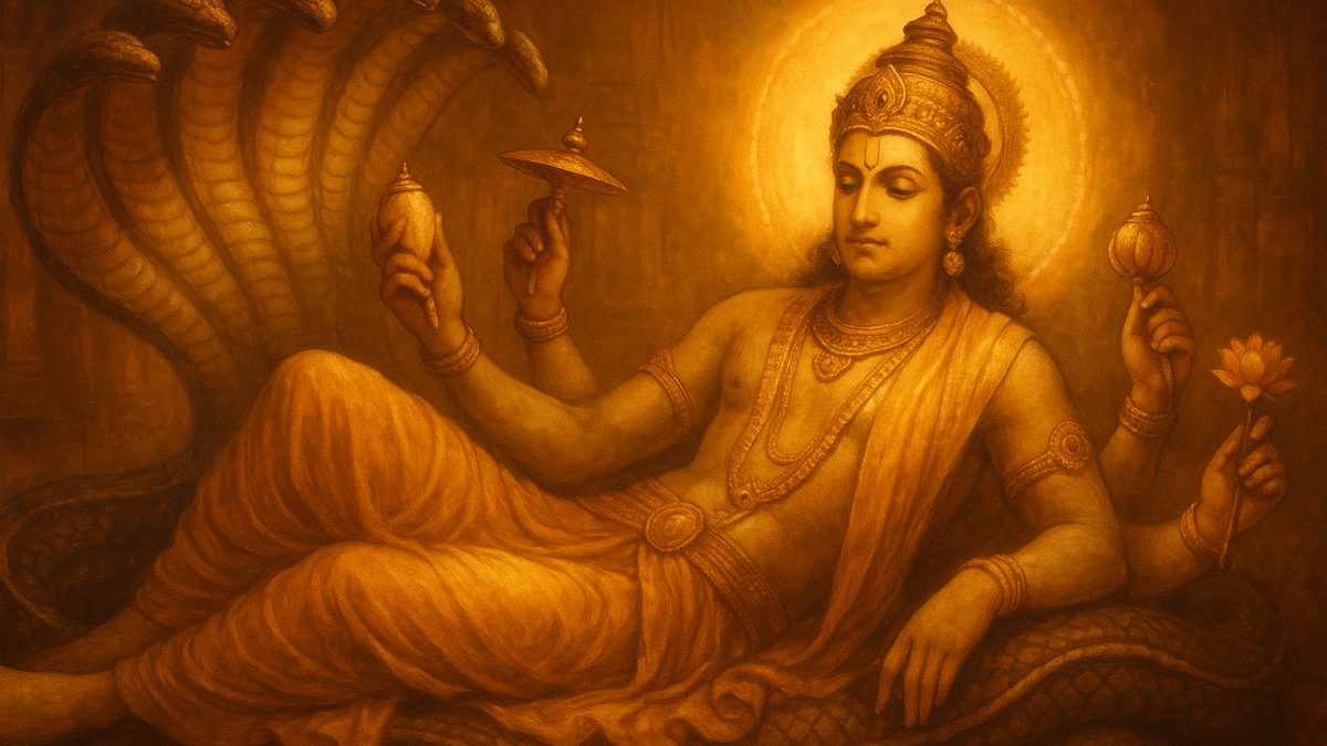 Vishnu Shatpadi banner — devotional illustration of the four-armed Lord Vishnu holding conch, discus, mace and lotus, reclining calm and majestic.