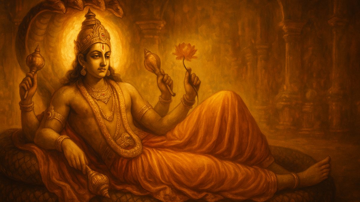 Vishnu Suktam banner — devotional illustration of the four-armed Lord Vishnu holding conch, discus, mace and lotus, reclining calm and majestic.