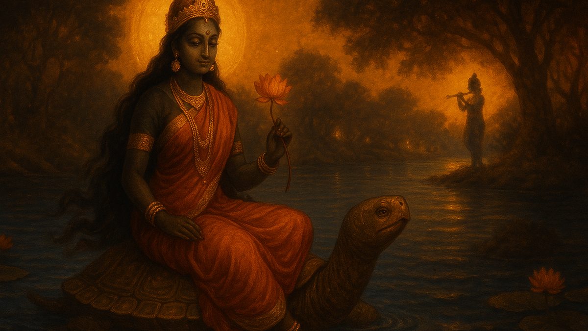 Yamunashtakam banner — devotional illustration of the river goddess Yamuna, dusky-hued and serene, gliding upon a great tortoise over gentle indigo waters, lotus in hand, Vrindavan groves and Krishna's distant flute-song lighting the banks at dusk.